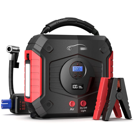 The J3 Car Starter 4-in-1. It combines a powerful jump starter, a high-capacity power bank, and a convenient air compressor. With a peak current of 3000A, it can quickly jump-start vehicles up to 8.0L (gas) and 6.5L (diesel). The 24800mAh power bank charges devices rapidly, and the built-in air compressor and LED light to provide added convenience and safety. Compact and durable, it operates in a wide temperature range and meets international quality and safety standards.