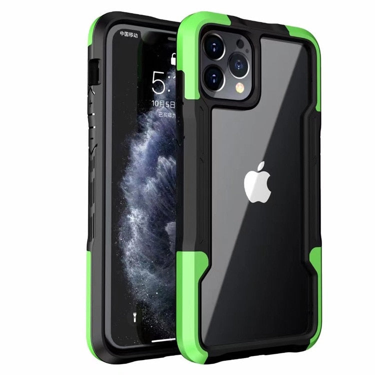 Green shockproof transparent hard TPU phone case designed for iPhone, offering protection and style