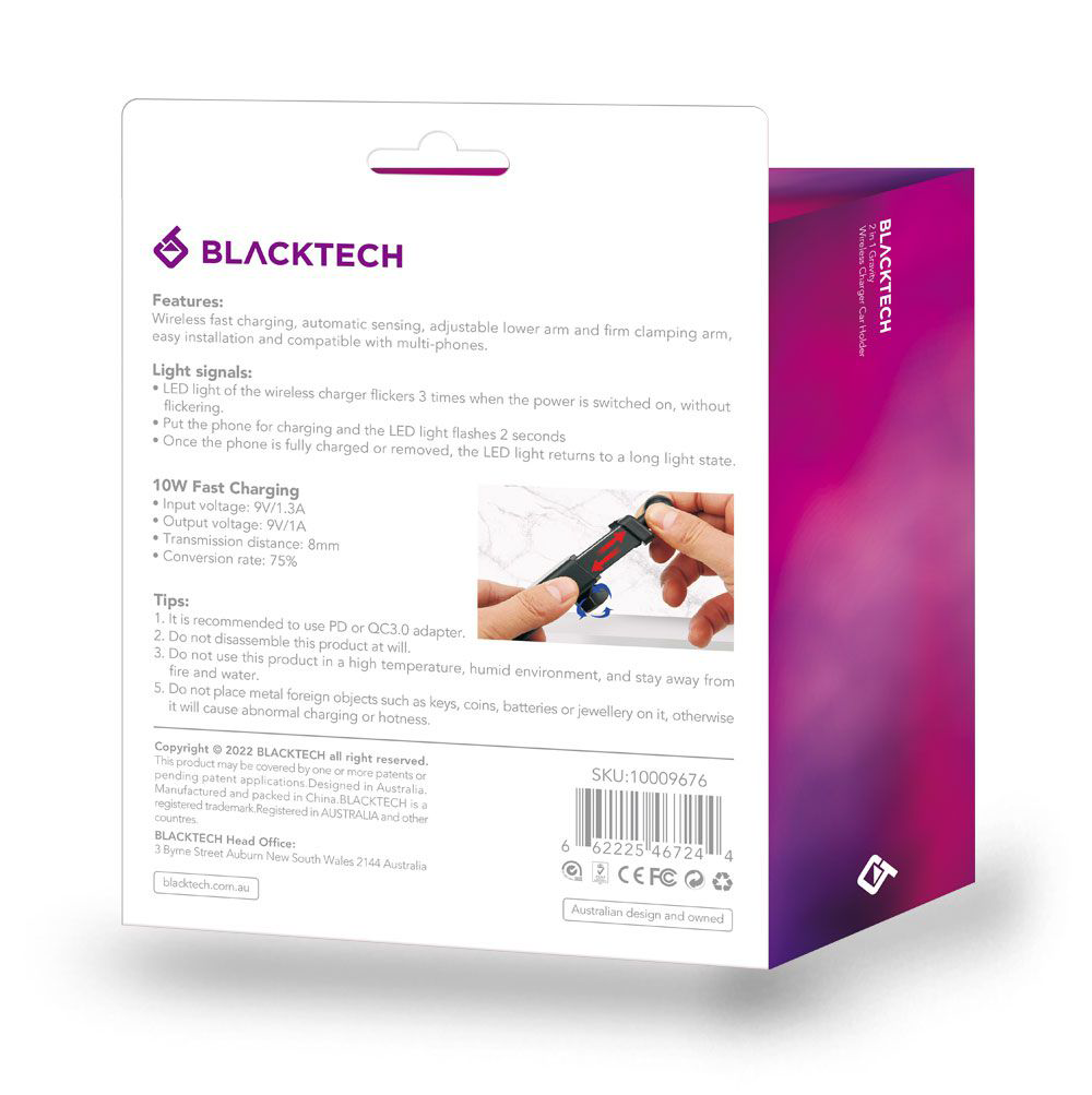 New BLACKTECH 10W Gravity 2 in1 Wireless Car Holder - Black