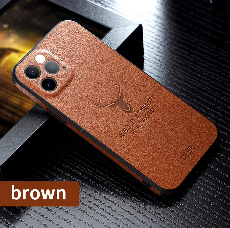 Luxury Leather Texture Deer Phone Case for iPhone 14 Series