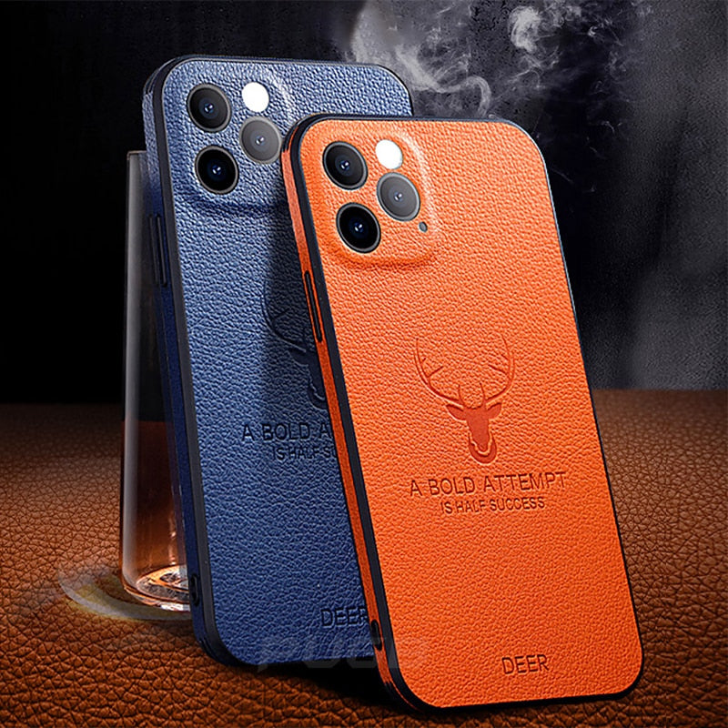 Luxury Leather Texture Deer Phone Case for iPhone 14 Series