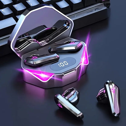 AX15 TWS black Bluetooth earbuds with LED charging case