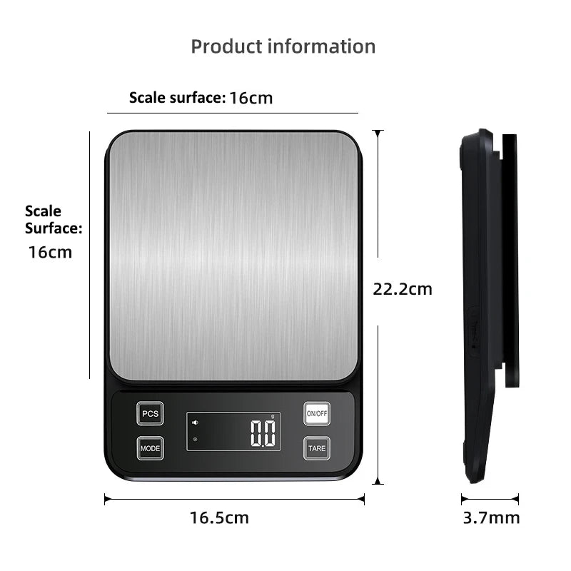 Waterproof Stainless Steel Kitchen Scale – 3kg, 5kg or 10kg, 0.1g Display