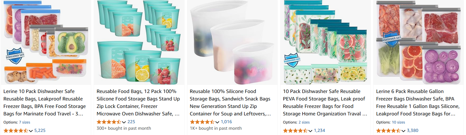 Reusable silicone food storage bags