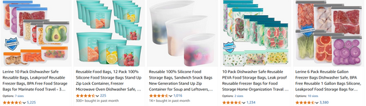 Reusable silicone storage bags in blue and pink